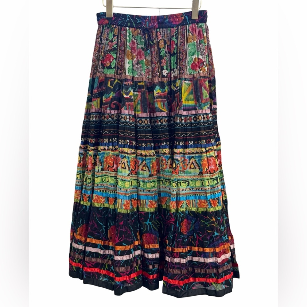 Boho Multicolor Tiered Maxi Skirt TravelSmith Festival Cottagecore Cotton Small